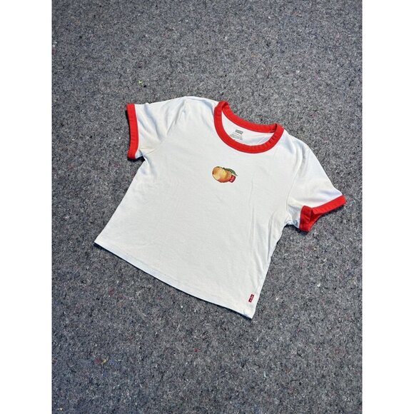Levi’s Women’s White Ringer T-Shirt Peach Graphic Short Sleeve Casual Tee - Picture 3 of 5